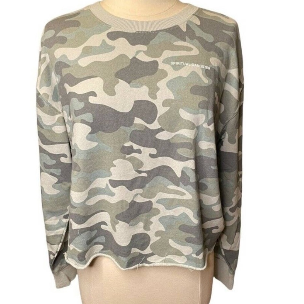 SPIRITUAL GANGSTER Mazzy Pullover Sweatshirt Cropped Camo Camouflage Green  L